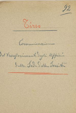 Tirso – Comunicazione del trasferimento degli Uffici della Sede della Società [da via Savoia, 37 a via Sistina, 48 – Roma]