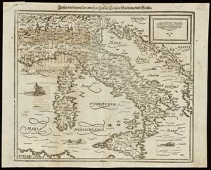 Italia mit. dreyen fürnemesten Inseln / Corsica / Sardinia / und Sicilia, in Cosmographia Universalis