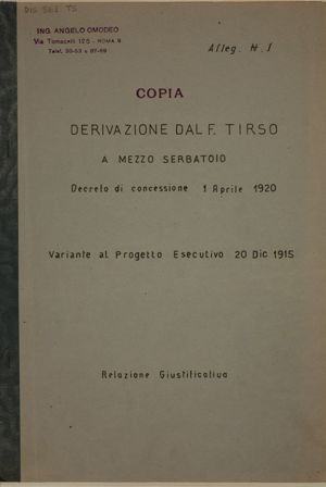 1) Relazione giustificativa; 2) Diga ad archi multipli - Progetto Ing. Luigi Kambo - Relazione tecnica; 2bis) Relazione tecnica - Tavole; 3) Calcoli statici di un pilastro; 4) Calcolo delle volte inclinate; 5) Prospetto e sezioni; 6) Particolari murature