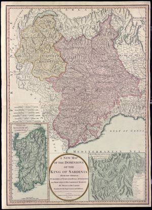 A new map / of the dominions / of the / king of Sardinia / from the origina! / published at Turin with royal approbation / and dedicated to his Sardinian Majesty / by Francis de Caroly; / translated with Improvements and Additions