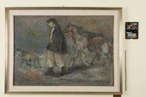 figura maschile con cavallo e cane