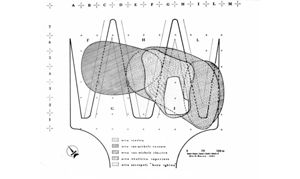 Quadrettatura, settori dell’area archeologica e fasi insediative (da V. Santoni, Cabras - Cuccuru S’Arriu. Nota preliminare di scavo (1978, 1979, 1980), in Rivista di Studi Fenici, X, 1, 1982, fig. 2).