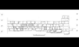 Prospetto di una parte del muro impiantato nel III sec. a.C. con blocchi di riutilizzo (da M.T. Francisi, Tharros XXIII. Nuovi dati edilizi dalla struttura muraria, in Rivista di Studi Fenici, XXIV suppl., 1996, fig. 3