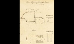 Sezione e pianta di una tomba scavata da G. Cara alla metà dell’Ottocento (da G. Cara, Monumenti d’antichità di recente trovati in Tharros e Cornus (…), Cagliari 1865, tav. f.t.