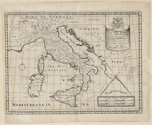 A neuw map / of Present Italy, together / with the Adjoyning Islands of / Sicily, Sardinia, and / Corsica, Shewing their / Principal Divisions, Cities, / Towns, Rivers, Mountains &c. / Dedicated to His Highness / William Duke of Glocester, prima metà del XVIII secolo