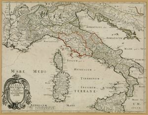 Italia / antiqua / Cum Insulis / Sicilia Sardinia / & Corsica / Authore N. Sanson Abbavillaeo / Christianiss. Galliarum Regis / Geographo / Apud Autorem /Avec Privilege du Roy / Ao 1679