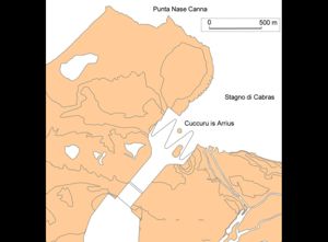 Il sito di Cuccuru is Arrius dopo la costruzione del canale scolmatore (elab. grafica S. Sebis