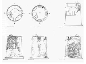 Pianta, sezione e prospetti della torre (da Aa.Vv., Torri costiere della Provincia di Oristano. Storia, immagini e progetti di riuso, s.l. 2002, pp. 32-33)