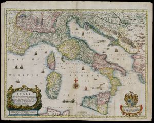 A Mapp of / Italy / whose cheifo Estates & Isles are y.e / Dukedome of Toscania The Republique / of Venice, the Estates of ye Church, The Kig=/dome of Naples, The Isles of Sicile, Sarda=/igne, Corsica, &c. In which said parts / are included seuerall other Estates & / Provinces of less note
