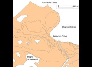 Il sito di Cuccuru is Arrius prima della costruzione del canale scolmatore (elab. grafica S. Sebis