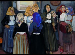 Giuseppe Biasi, Fanciullette in fiore o Ragazze di Cabras, 1938 tempera su cartone 99,3x139, 6 cm. Camera di Commercio di Nuoro.