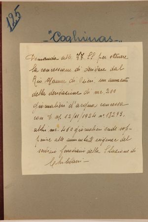 Coghinas - Domanda delle FF.SS. per ottenere la concessione di derivare dal Rio Mannu di Ozieri un aumento della derivazione di mc. 200 giornalieri d’acqua concessa con D. M. 12-11-1924 n. 18293, altri mc. 460 giornalieri onde sopperire alle aumentate esigenze del servizio ferroviario della Stazione di Chilivani