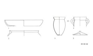 Frammenti di pentole (nn. 1-2), di vasi a pareti sottili (nn. 3-4) e un coperchio forse di anfora (n. 5) dal relitto