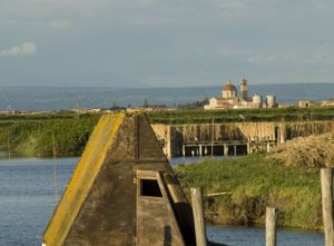 La peschiera di Pontis e sullo sfondo l’abitato di Cabras