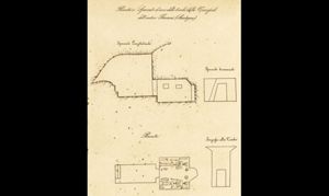 Pianta e sezioni di una tomba scavata dal Cara nella necropoli meridionale (da G. Cara, Monumenti d’antichità di recente trovati in Tharros e Cornus acquistati nel 1863 dall’Illustre Consiglio Provinciale di Cagliari ed esistenti nel Museo Archeologico della Regia Università Cagliaritana, Cagliari 1865).