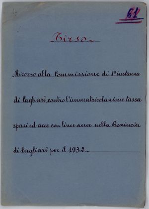 Tirso - Ricorso alla Commissione di I istanza di Cagliari contro l’immatricolazione tassa spazi ed aree con linee aeree nella Provincia di Cagliari per il 1932