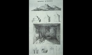 Illustrazione dell’attività di scavo di G. Spano del 1850 nella necropoli meridionale di Tharros (da G. Spano, Notizie sull’antica città di Tharros, 1861, tav. f.t.